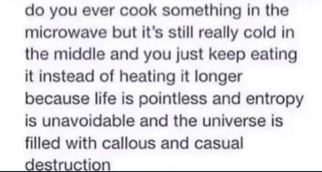 do you ever cook something in the microwave but it's still really cold in the middle and you just keep eating it instead of heating it longer because life is pointless and entropy is unavoidable and the universe is filled with callous and casual destruction