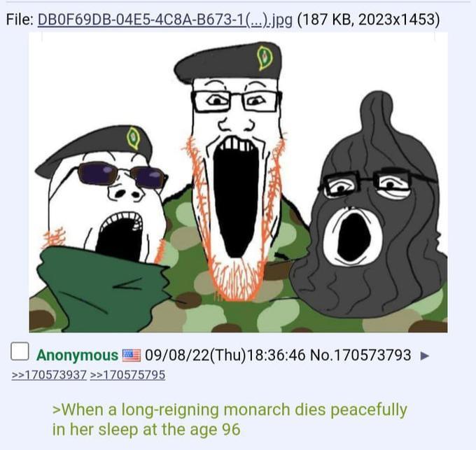 File: DB0F69DB-04E5-4C8A-B673-1(...).jpg (187 KB, 2023x1453) ☐ Anonymous 09/08/22(Thu)18:36:46 No.170573793 ► | >>170573937 >>170575795 >When a long-reigning monarch dies peacefully in her sleep at the age 96