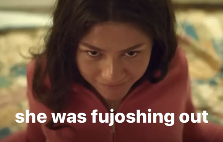 Meme by Instagram page @joan.of.arca that reads, "She was fujoshing out." The meme features a photo of actress Zendaya in the film _Challengers_.