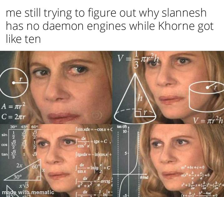 me still trying to figure out why slannesh has no daemon engines while Khorne got like ten V==лr 3 r²h h COS tan 121253 A = πr² C=2лr sin 30° 45° 60° |sinxdx=−cosx+C tan (9) 10- 2 dx tgx+C, 2 1 √3 [tgxdx=-In cosx+ 2x 60° dx sin x Ing+C 30° dx 8/rad x√3 +x² a arcig made with mematic 145 dx V = r²h ax+bx+c=0 a(x+x+- =0 a 2+2+-+ b b-4ac 0