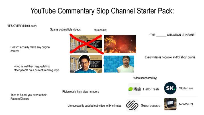 YouTube Commentary Slop Channel Starter Pack: "IT'S OVER" (it isn't over) Spams out multiple videos Doesn't actually make any original content world histo thumbnails; STORY REEK EVERYDAY world history journal ISTORY GREEK Video is just them regurgitating other people on a current trending topic AT AT 7 PM Tries to funnel you over to their Patreon/Discord Ridiculously high view numbers "THE SITUATION IS INSANE" Every video is negative and/or about drama video sponsored by; HELLO FRESH HelloFresh Unnecessarily padded out video to 8+ minutes Un Squarespace SK. Skillshare NordVPN