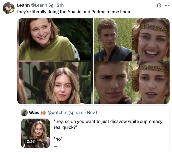 A "quote-tweet":https://knowyourmeme.com/memes/quote-retweets-qrts about actress Sydney Sweeney and her controversial comments on the "American Eagle Ad":https://knowyourmeme.com/memes/sydney-sweeney-has-great-jeans-american-eagle-ad in a November 2025 GQ interview with Katherine Stoeffel.