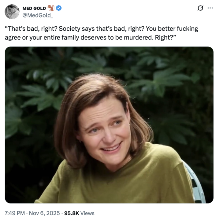 A "tweet":https://knowyourmeme.com/memes/sites/twitter-x using an image of GQ interviewer Katherine Stoeffel from her November 2025 interview with actress "Sydney Sweeney":https://knowyourmeme.com/memes/people/sydney-sweeney.