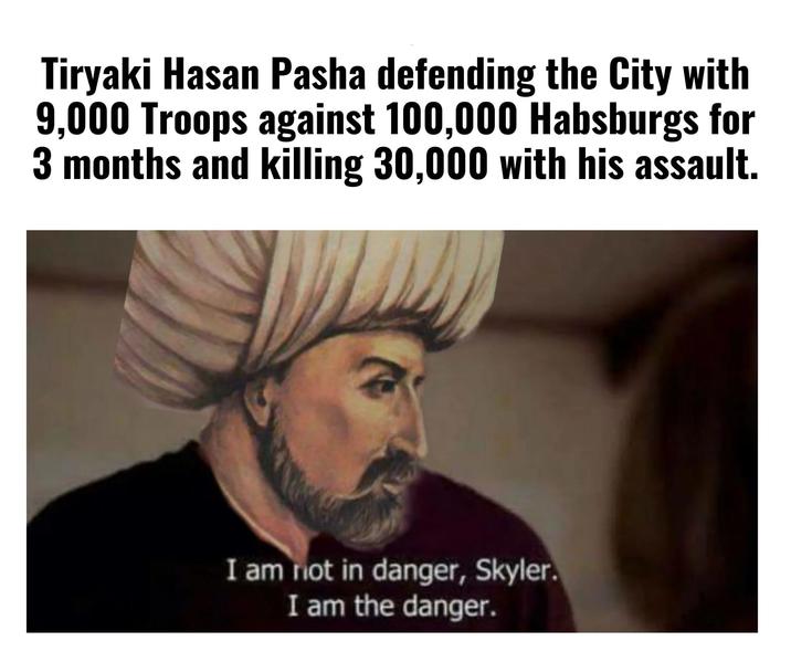 Tiryaki Hasan Pasha defending the City with 9,000 Troops against 100,000 Habsburgs for 3 months and killing 30,000 with his assault. I am not in danger, Skyler. I am the danger.