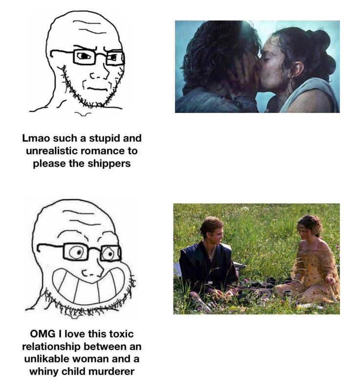 Lmao such a stupid and unrealistic romance to please the shippers OMG I love this toxic relationship between an unlikable woman and a whiny child murderer