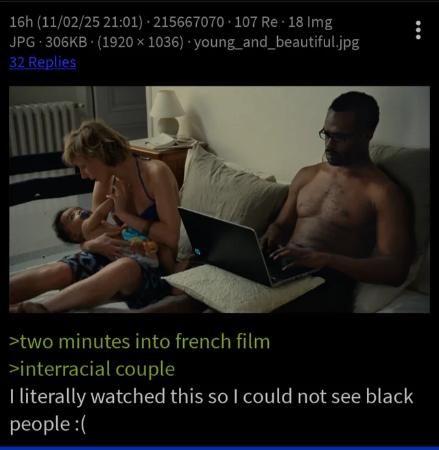 16h (11/02/25 21:01) 215667070 107 Re 18 Img JPG 306KB (1920 × 1036) young_and_beautiful.jpg 32 Replies >two minutes into french film >interracial couple I literally watched this so I could not see black people :(