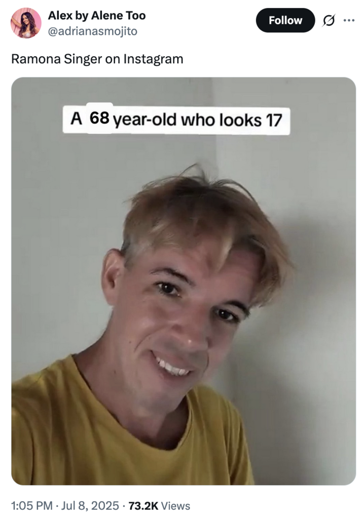 X user @adrianasmojito tweeted, "Ramona Singer on Instagram," alongside a photo of Luan Oli calling himself a "36-year-old who looks 17."