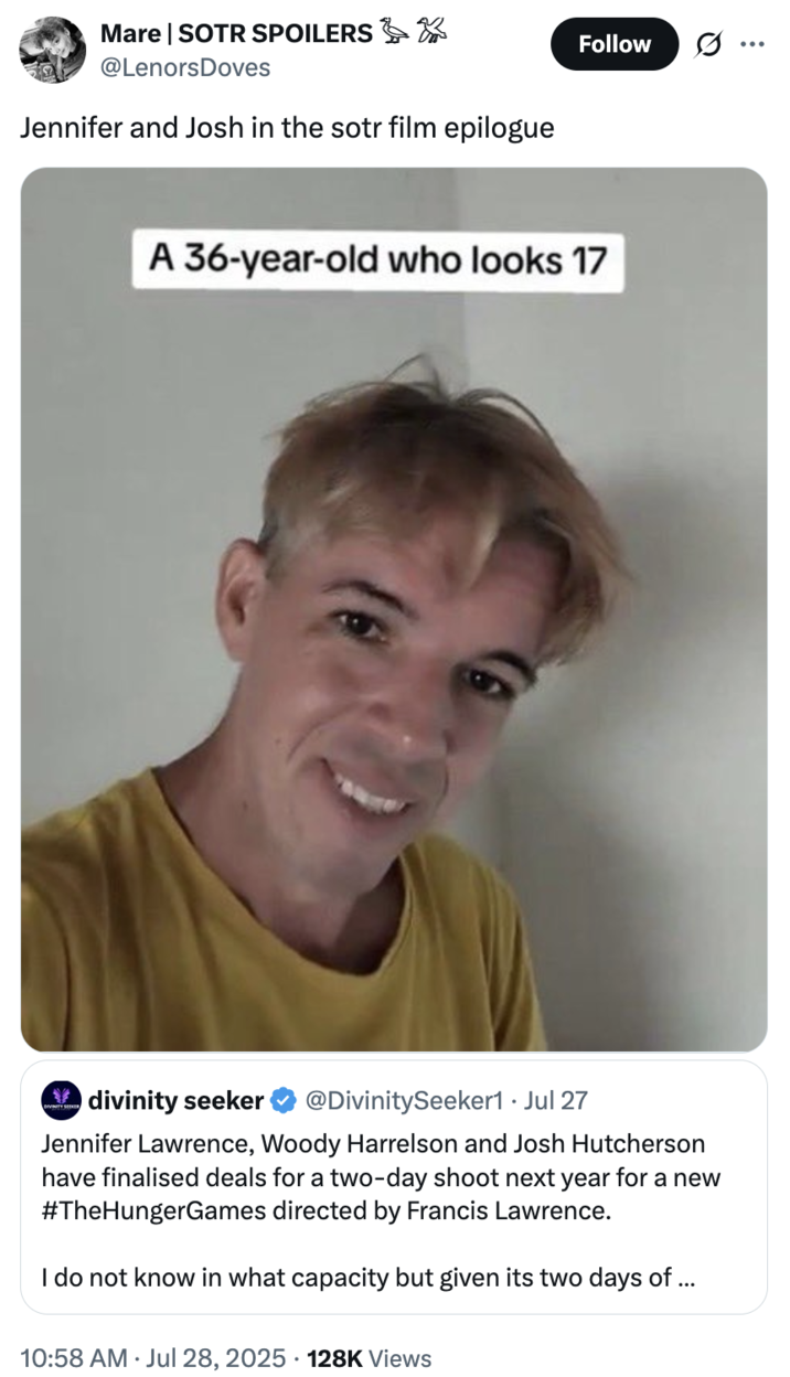 X user @adrianasmojito tweeted, "Jennifer and Josh in the sotr film epilogue," alongside a photo of Luan Oli calling himself a "36-year-old who looks 17."