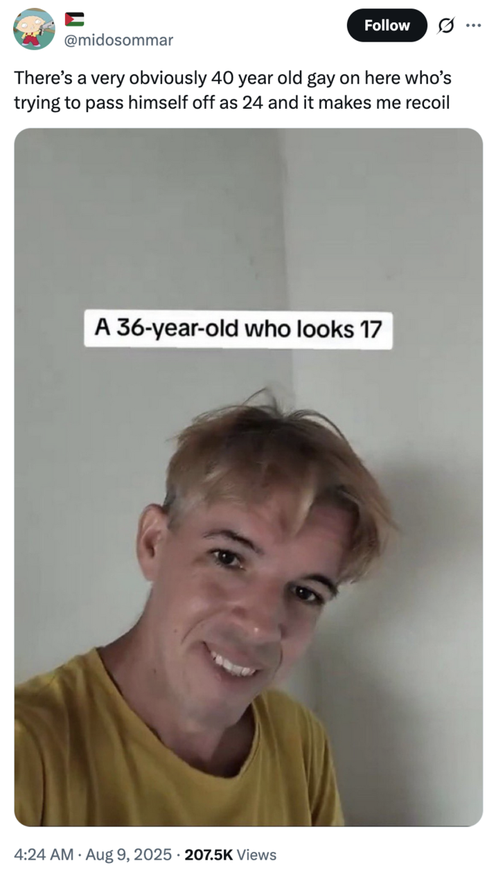 X user @midosommar tweeted, "There’s a very obviously 40-year-old gay on here who’s trying to pass himself off as 24 and it makes me recoil."