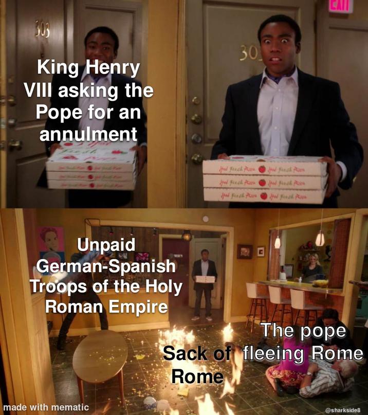 King Henry VIII asking the Pope for an annulment 30 Had Fresh Pla JdFresh Pa pad Fresh P Jad Fresh P pod Fresh P Presh P CAIT Unpaid German-Spanish Troops of the Holy Roman Empire The pope Sack of fleeing Rome made with mematic Rome @sharkside8