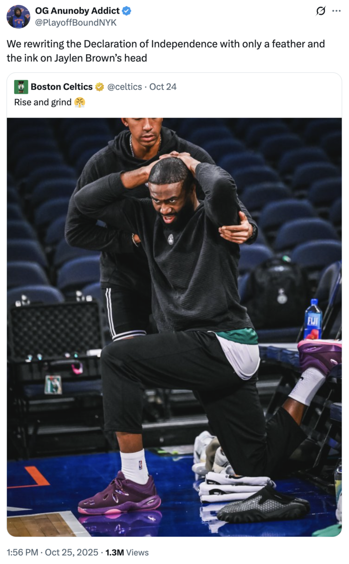 https://knowyourmeme.com/memes/quote-retweets-qrts about Boston Celtics "NBA":https://knowyourmeme.com/memes/cultures/basketball player Jaylen Brown's fake hairline and hair dye use.