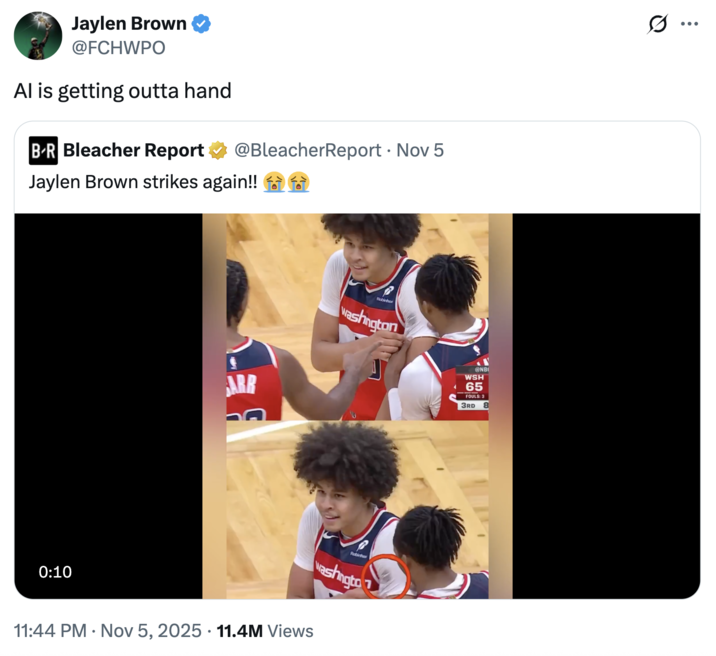 https://knowyourmeme.com/memes/quote-retweets-qrts from Boston Celtics "NBA":https://knowyourmeme.com/memes/cultures/basketball player Jaylen Brown, joking about "AI":https://knowyourmeme.com/memes/cultures/ai-artificial-intelligence getting out of hand in regards to his fake hairline.