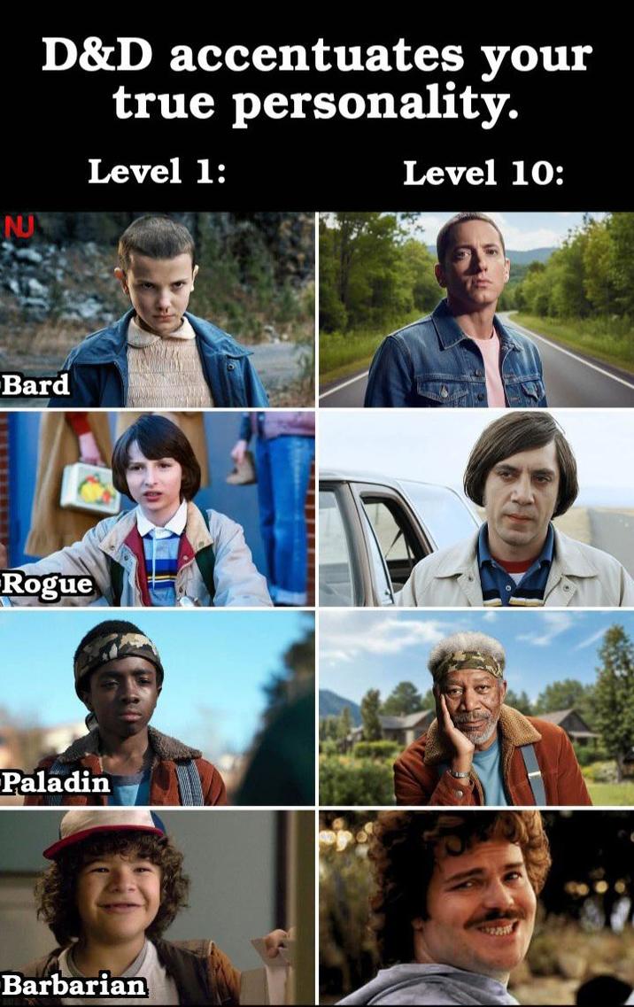 D&D accentuates your true personality. Level 1: NU Bard Rogue Paladin Barbarian Level 10: