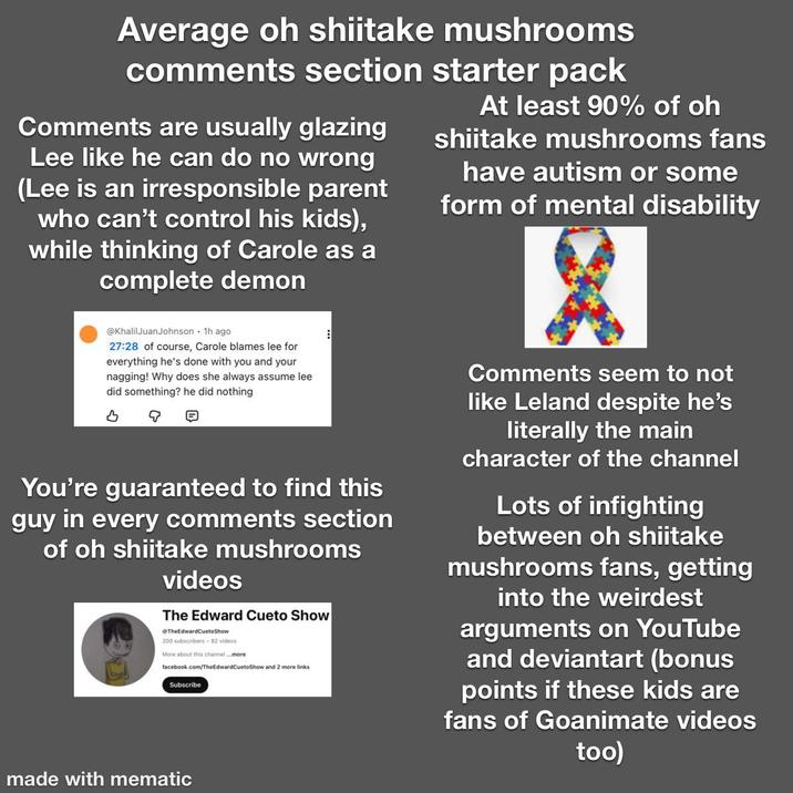 Average oh shiitake mushrooms comments section starter pack Comments are usually glazing Lee like he can do no wrong (Lee is an irresponsible parent who can't control his kids), while thinking of Carole as a complete demon @KhalilJuanJohnson 1h ago 27:28 of course, Carole blames lee for everything he's done with you and your nagging! Why does she always assume lee did something? he did nothing 3 E You're guaranteed to find this guy in every comments section of oh shiitake mushrooms videos The Edward Cueto Show @TheEdwardCuetoShow 200 subscribers 82 videos More about this channel...more facebook.com/TheEdward CuetoShow and 2 more links Subscribe At least 90% of oh shiitake mushrooms fans have autism or some form of mental disability 2 Comments seem to not like Leland despite he's literally the main character of the channel Lots of infighting between oh shiitake mushrooms fans, getting into the weirdest arguments on YouTube and deviantart (bonus points if these kids are fans of Goanimate videos too) made with mematic