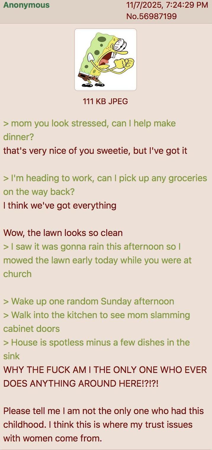 Anonymous 11/7/2025, 7:24:29 PM No.56987199 111 KB JPEG > mom you look stressed, can I help make dinner? that's very nice of you sweetie, but I've got it > I'm heading to work, can I pick up any groceries on the way back? I think we've got everything Wow, the lawn looks so clean > I saw it was gonna rain this afternoon so I mowed the lawn early today while you were at church > Wake up one random Sunday afternoon > Walk into the kitchen to see mom slamming cabinet doors > House is spotless minus a few dishes in the sink WHY THE F--- AM I THE ONLY ONE WHO EVER DOES ANYTHING AROUND HERE!?!?! Please tell me I am not the only one who had this childhood. I think this is where my trust issues with women come from.