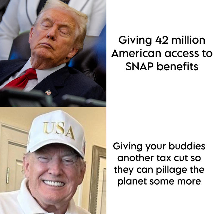 Giving 42 million American access to SNAP benefits USA Giving your buddies another tax cut so they can pillage the planet some more