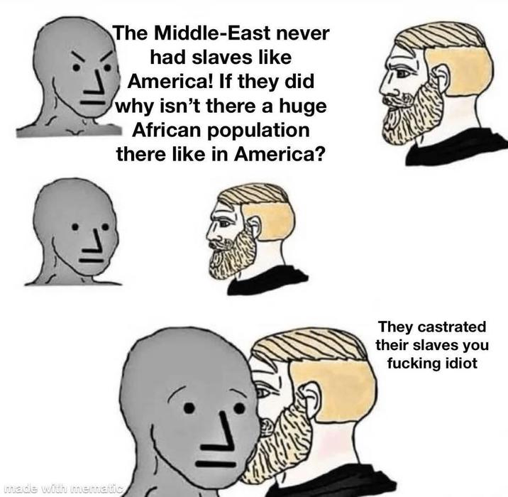 The Middle-East never had slaves like America! If they did why isn't there a huge African population there like in America? made with mematic They castrated their slaves you f------ idiot