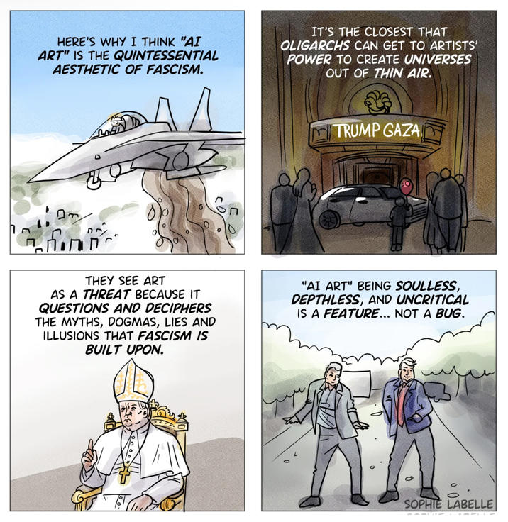 HERE'S WHY I THINK "AI ART" IS THE QUINTESSENTIAL AESTHETIC OF FASCISM. IT'S THE CLOSEST THAT OLIGARCHS CAN GET TO ARTISTS' POWER TO CREATE UNIVERSES OUT OF THIN AIR. TRUMP GAZA THEY SEE ART AS A THREAT BECAUSE IT QUESTIONS AND DECIPHERS THE MYTHS, DOGMAS, LIES AND ILLUSIONS THAT FASCISM IS BUILT UPON. "AI ART" BEING SOULLESS, DEPTHLESS, AND UNCRITICAL IS A FEATURE... NOT A BUG. SOPHIE LABELLE