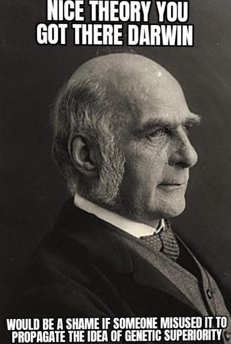 NICE THEORY YOU GOT THERE DARWIN WOULD BE A SHAME IF SOMEONE MISUSED IT TO PROPAGATE THE IDEA OF GENETIC SUPERIORITY