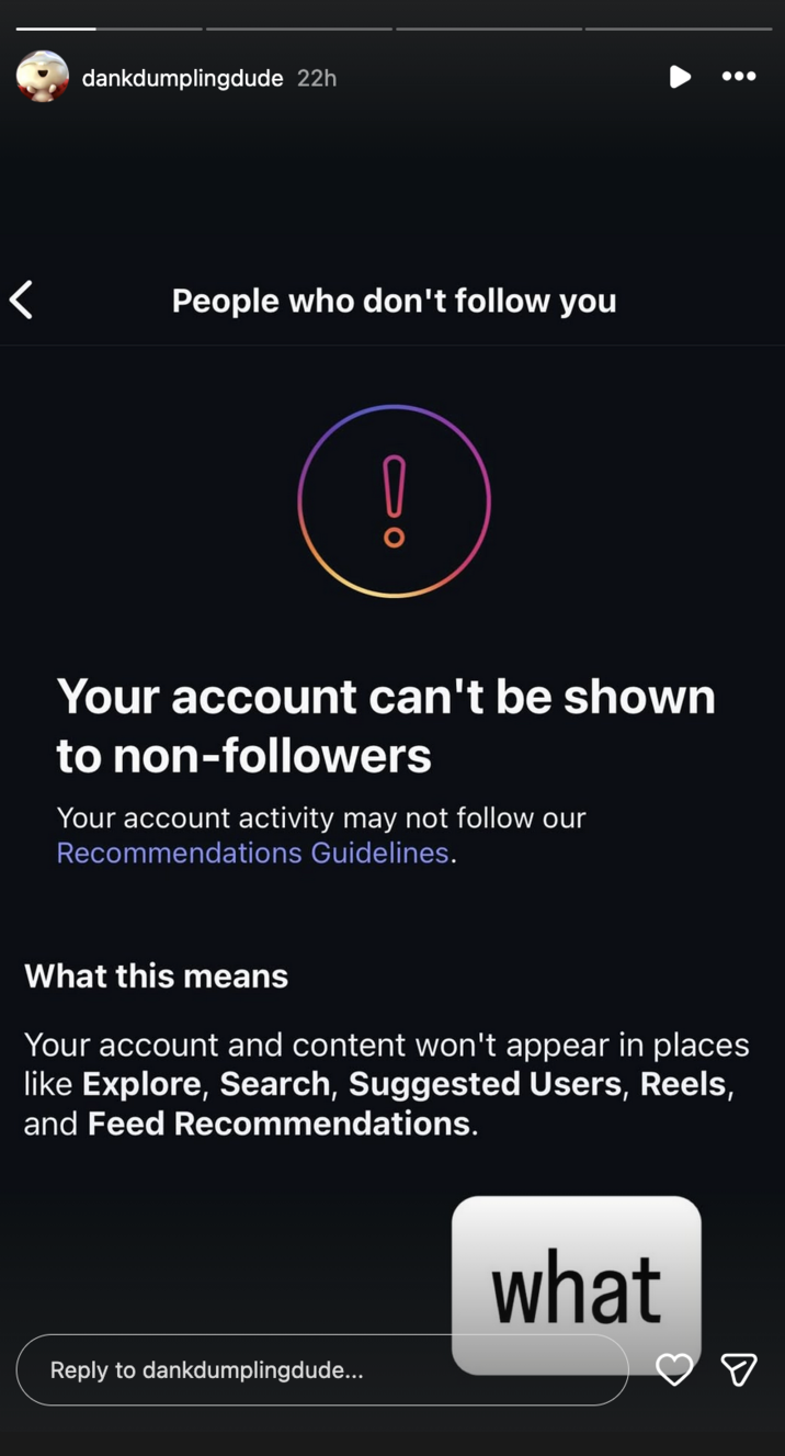 Instagram user @dankdumplingdude posted screenshots of the "duplicate content" and shadowban warnings they had received from Meta.