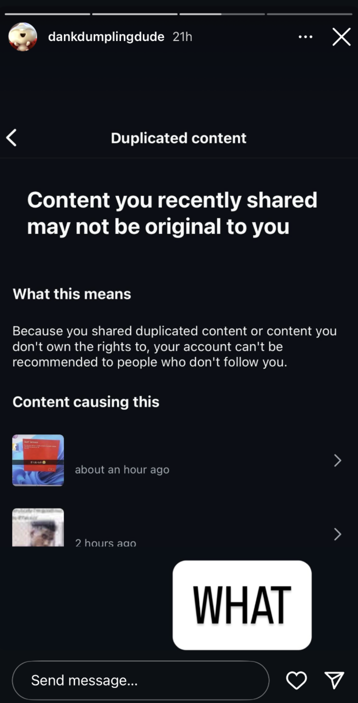 Instagram user @dankdumplingdude posted screenshots of the "duplicate content" and shadowban warnings they had received from Meta.