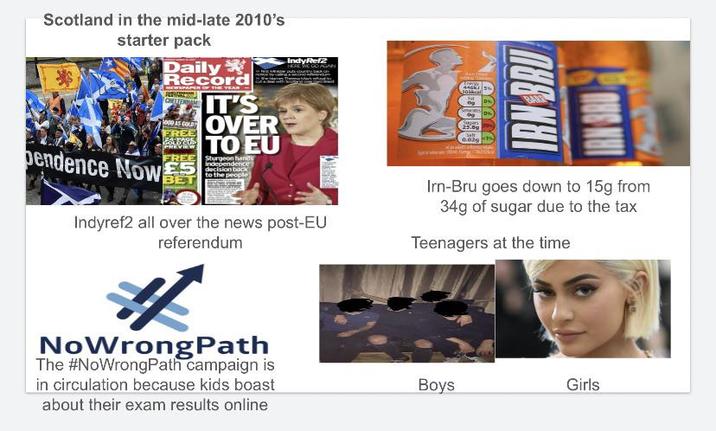 Scotland in the mid-late 2010's starter pack pendence Now Daily Record PER OF THE CHELTENHAM 000 AS COLD FREE ZABUS PREVIEW IT'S OVER TO EU FREE Sturgeon hand £5 Independence decision back to the people Indy Ref2 HERE WE GO AGAIN Indyref2 all over the news post-EU referendum 4 NoWrongPath The #NoWrongPath campaign is in circulation because kids boast about their exam results online 30kcal 0% 0% Sugars 25.09 0.029 IRN BRU Irn-Bru goes down to 15g from 34g of sugar due to the tax Teenagers at the time Boys Girls