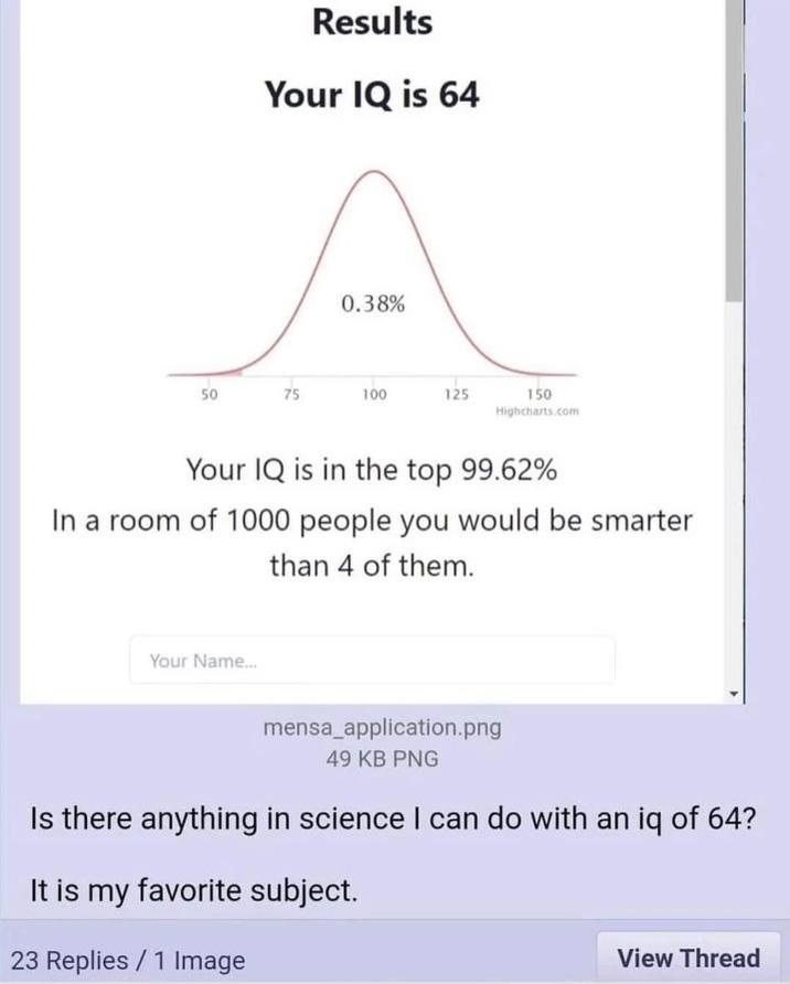 Results Your IQ is 64 A 0.38% 50 75 100 125 150 Highcharts.com Your IQ is in the top 99.62% In a room of 1000 people you would be smarter than 4 of them. Your Name... mensa_application.png 49 KB PNG Is there anything in science I can do with an iq of 64? It is my favorite subject. 23 Replies/1 Image View Thread