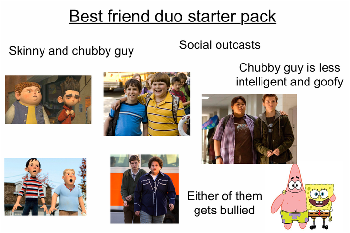 Best friend duo starter pack Skinny and chubby guy Social outcasts Chubby guy is less intelligent and goofy Either of them gets bullied