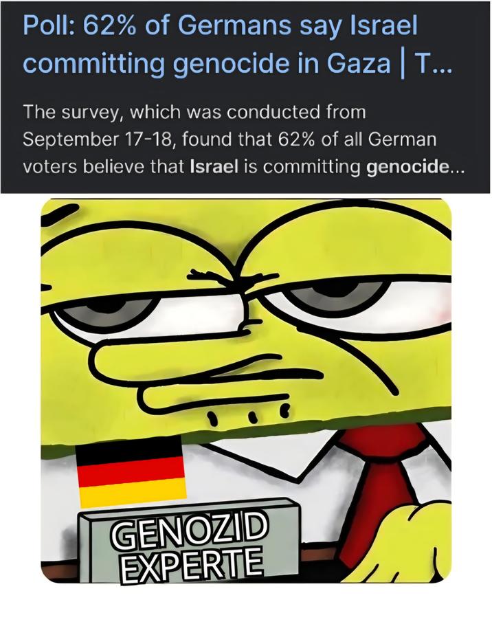 Poll: 62% of Germans say Israel committing genocide in Gaza | T... The survey, which was conducted from September 17-18, found that 62% of all German voters believe that Israel is committing genocide... GENOZID EXPERTE