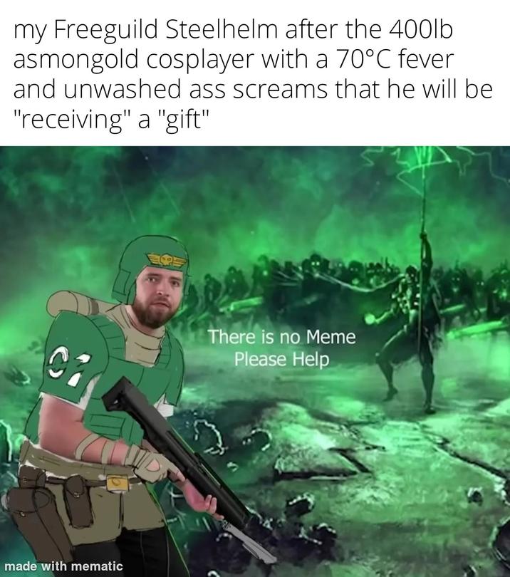my Freeguild Steelhelm after the 400lb asmongold cosplayer with a 70°C fever and unwashed ass screams that he will be "receiving" a "gift" C7 made with mematic There is no Meme Please Help
