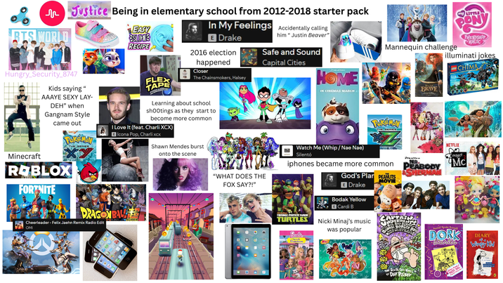 BTS WORLD Justice Being in elementary school from 2012-2018 starter pack EASY SLIMES RECIPE In My Feelings Accidentally calling E Drake 2016 election happened Closer The Chainsmokers, Halsey FLE Hungry_Security_8747 Kids saying " AAAYE SEXY LAY- DEH" when Gangnam Style came out POKEMON Learning about school shootings as they start to become more common I Love It (feat. Charli XCX) E Icona Pop, Charli Xcx THE SERIES Shawn Mendes burst him "Justin Beaver" Safe and Sound Capital Cities HOME IN CINEMAS MARCH Minecraft ROBLOX FORTNITE DRAGONBAL Cheerleader - Felix Jaehn Remix Radio Edit TOMI fsy SUPER onto the scene my LITTLE Mannequin challenge BRAVE PON FRIENDSHIP MAGIC illuminati jokes LEGO CHIMA POKEMON THE SERIES "WHAT DOES THE Watch Me (Whip/Nae Nae) Silentó iphones became more common NETFLIX Project. Jonathan FOX SAY?!" God's Plan PEANUTS MOVIE E Drake THE PEABODY &SHERMAN MC Bodak Yellow E Cardi B 0 A TEENAGE MITRIY NUKA TURTLES Barbies Nicki Minaj's music CAPER was popular Bo Rachel Renée Russell DORK diaries THE SEXTA Ente Noby DAY P---- Tales T-SO- NO Party DIARY of a Wimpy Kid