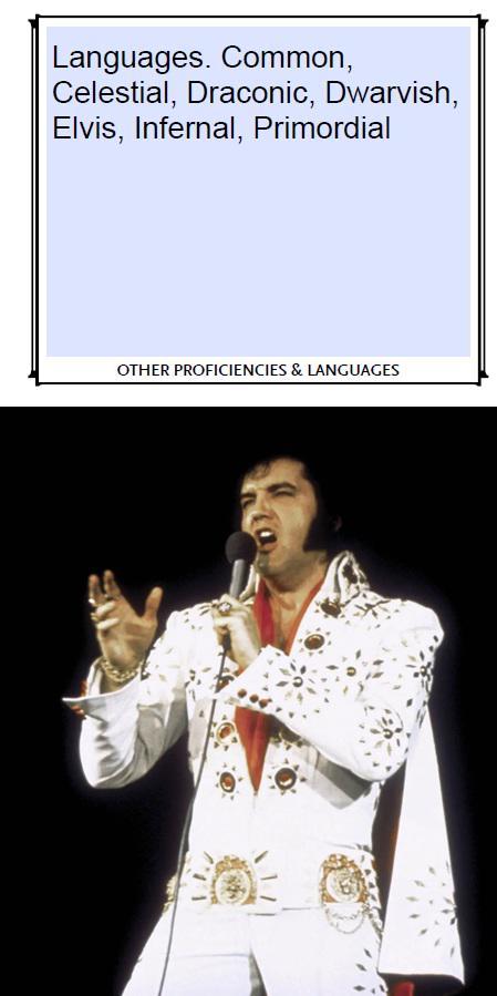 Languages. Common, Celestial, Draconic, Dwarvish, Elvis, Infernal, Primordial OTHER PROFICIENCIES & LANGUAGES