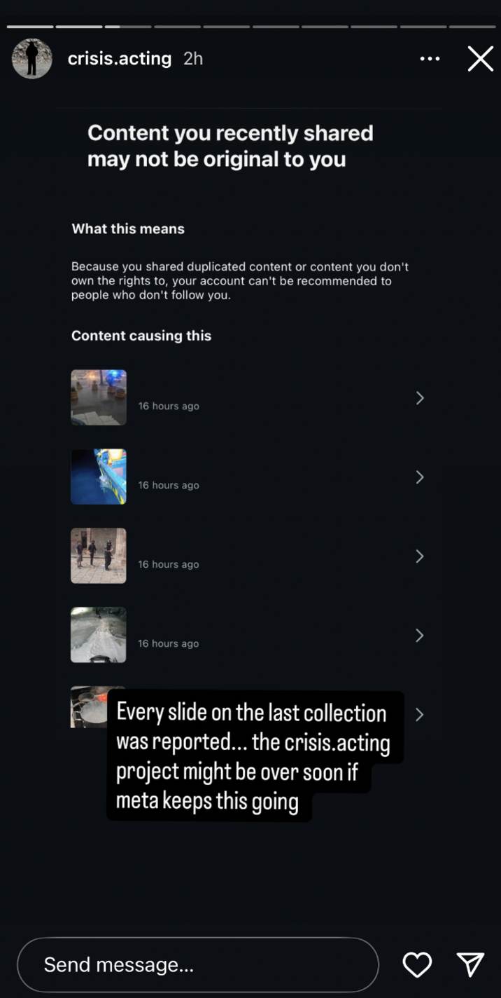 Instagram user @dankdumplingdude posted screenshots of the "duplicate content" and shadowban warnings they had received from Meta.