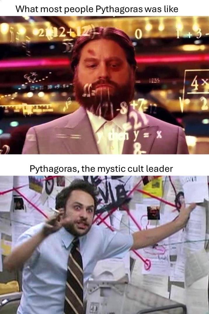 What most people Pythagoras was like 2112+12 0 +3 1835 12-1111-10 +9-8+ 4* then y = x Pythagoras, the mystic cult leader
