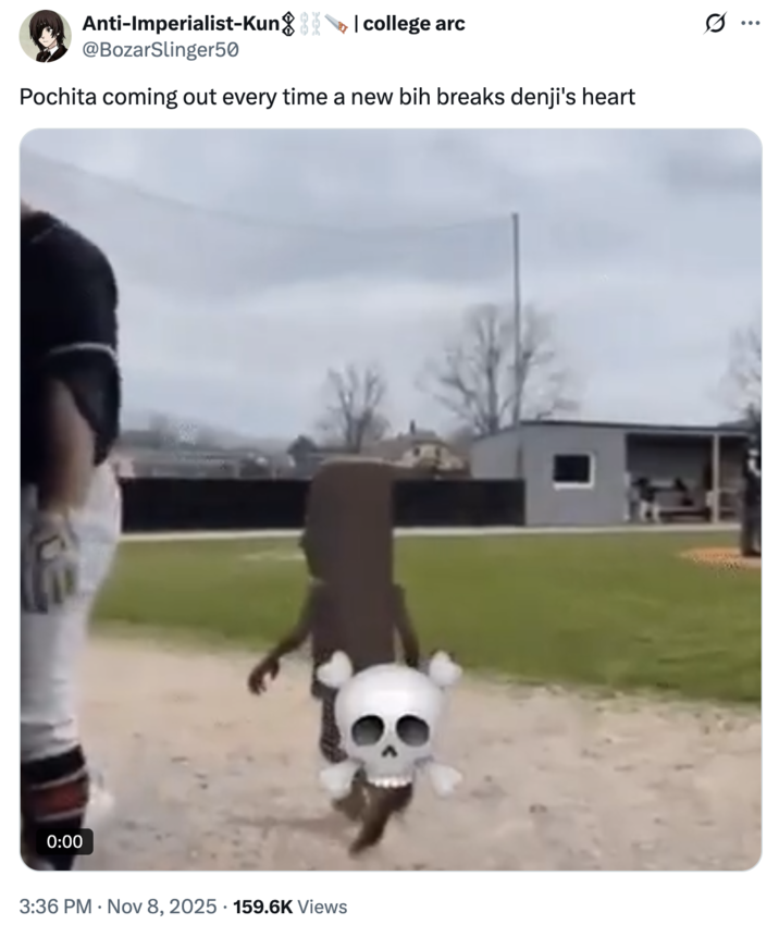 X user @BozarSlinger50 tweeted, "Pochita coming out every time a new bih breaks denji's heart," alongside the Tung Tung Tung Sahur baseball GIF.