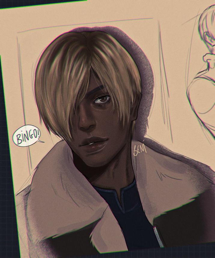 X user @bluue_hour posted fan art inspired by Black TikToker @mythix.v7's cosplay of Leon Kennedy from the _Resident Evil_ video game franchise, gathering over 8,000 likes in a day.