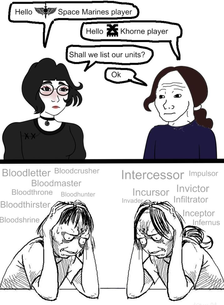 Hello XX Space Marines player Hello Khorne player Shall we list our units? Ok Bloodletter Bloodcrusher Bloodmaster Bloodthrone Bloodhunter Bloodthirster, Bloodshrine Intercessor Impulsor Invictor Incursor Invader Infiltrator Inceptor Infernus