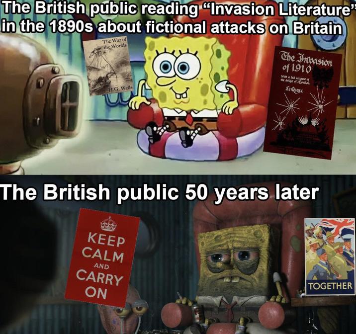 The British public reading "Invasion Literature" in the 1890s about fictional attacks on Britain The War of the Worlds The Invasion of 1910 with a full account of the seige of London Le Queux H.G. Wells The British public 50 years later 1000 KEEP CALM AND CARRY ON TOGETHER