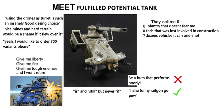 MEET FULFILLED POTENTIAL TANK "using the drones as turret is such an insanely Good desing choice" "nice mines and hard terrain, would be a shame if it flew over it" "yeah, I would like to order 700 variants please" Give me liberty Give me fire Give me tough enemies and I wont retire They call me 0 0 infantry that doesnt fear me 0 tech that was lost involved in construction 7 dozens vehicles it can one-shot "is" and "still" but never "if" Be a bum that performs ✗ poorly? "haha funny railgon go pew"