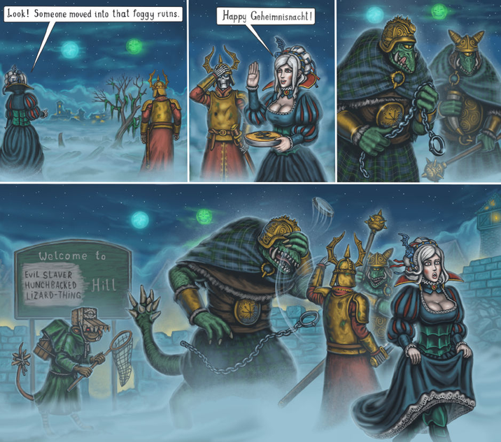 Look! Someone moved into that foggy ruins. Happy Geheimnisnacht! Welcome to Evil SLAVER HUNCHBACKED Hill LIZARD-THING