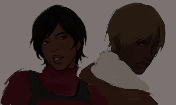 X user @s_shiio posted fan art featuring a race-swapped version of Leon Kennedy and Ada Wong, inspired by @mythix.7 and @filthydinosaur's cosplays.