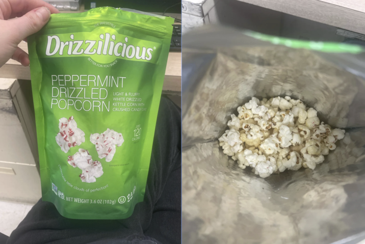 SISTIBLE Drizzilicious BETTER-FOR-YOU SNACK PEPPERMINT DRIZZLED POPCORN LIGHT & FLUFFY WHITE DRIZZLED KETTLE CORN WITH CRUSHED CANDY CANE table little clouds of perfection! Enlarged to show texture NET WEIGHT 3.6 OZ (102g) ⑩VA JUST 120 CALORES PERCER