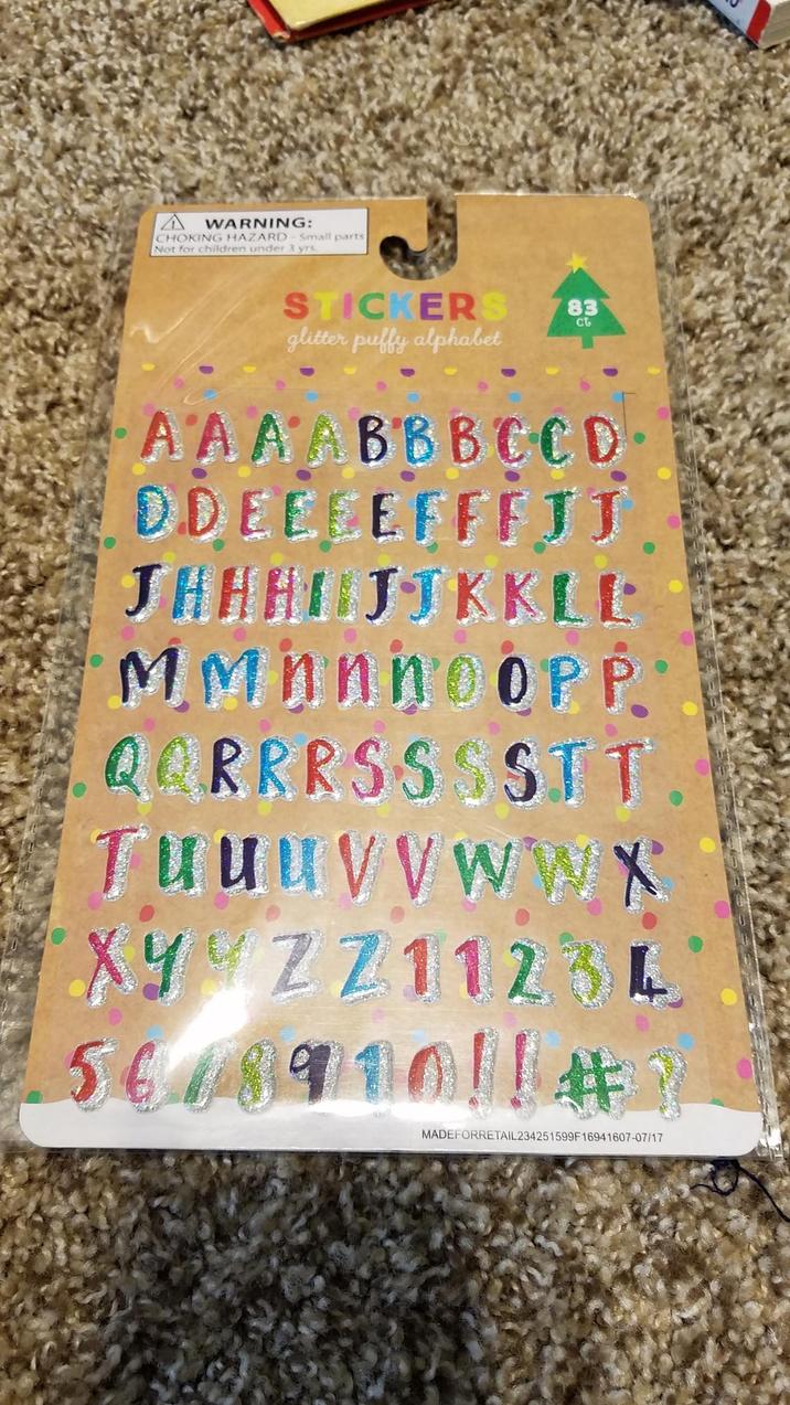 A WARNING: CHOKING HAZARD - Small parts Not for children under 3 yrs. STICKERS glitter puffy alphabet 83 ct AAAABBB C C D DDEEEEFFFJJ JAH HUJJK KLE MM n n no OPP Q Q R R R S S S SIT Tu U U V V W WX XYZ 211234 5678910!!#Y MADEFORRETAIL234251599F16941607-07/17