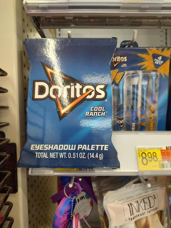 Dorites COOL RANCH prites COOL RANCH SO 4 PIECE EYESHADOW PALETTE TOTAL NET WT. 0.51 OZ. (14.4 g) BESTSELLERSTATTOOKIT 14 RETAIL PRICE $898 M HAND DRAWN CRUELTY FREE INKED TEMPORARY TATTOOS