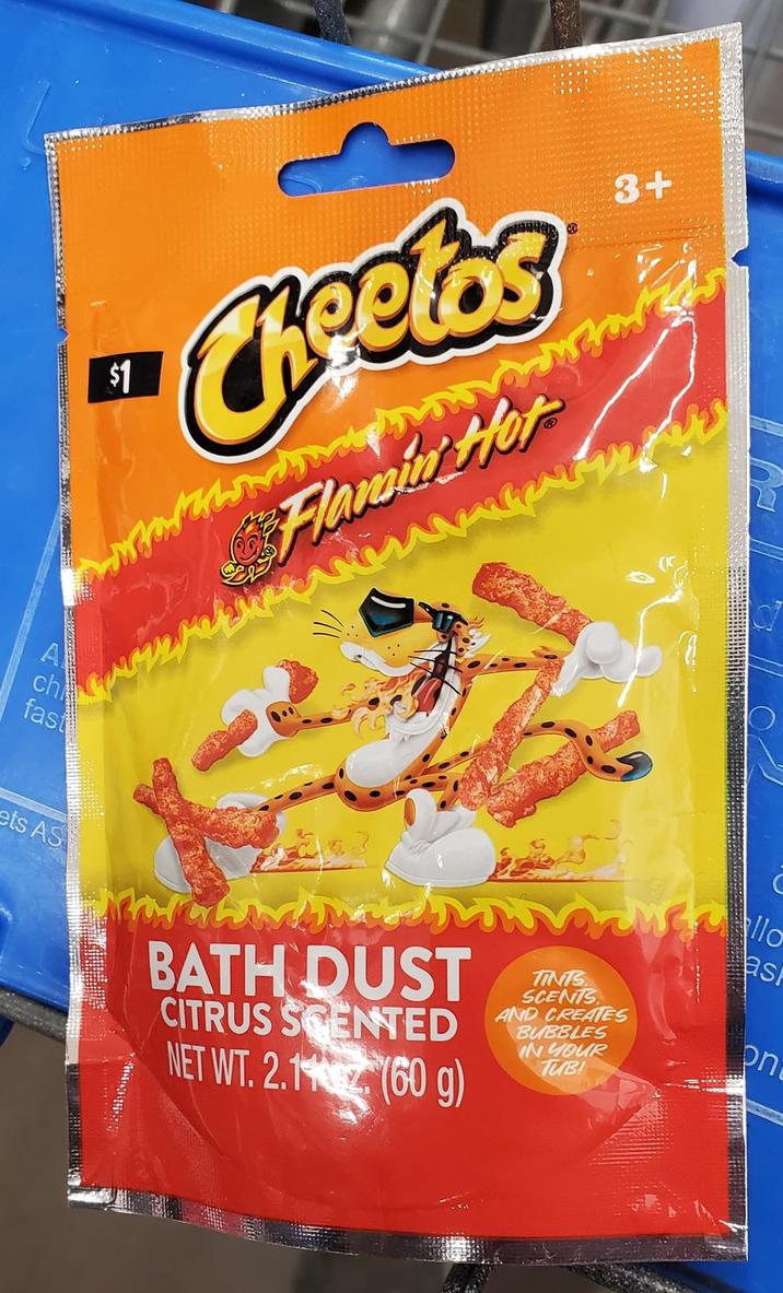 A ch fast $1 Cheetos Flamin Hot 3+ ets AS BATH DUST TINTS SCENTS CITRUS SCENTED AND CREATES NET WT. 2.1 (60 g) BUBBLES IN YOUR TUB! as on