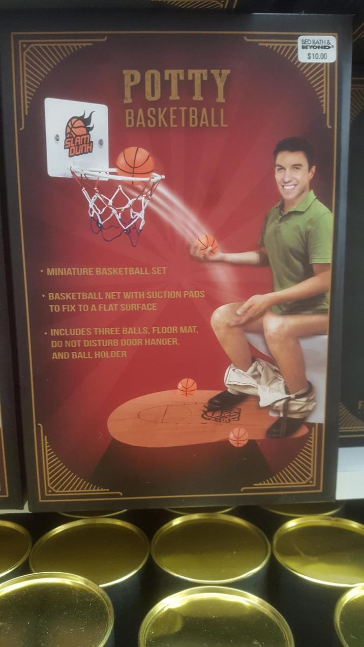 SLAM DUNH POTTY BASKETBALL 9 • MINIATURE BASKETBALL SET • BASKETBALL NET WITH SUCTION PADS TO FIX TO A FLAT SURFACE .INCLUDES THREE BALL, FLOOR MAT. DO NOT DISTURB DOOR HANGER, AND BALL HOLDER BED BATH & BEYOND $10.00