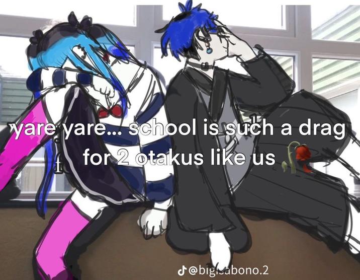A redraw of the "yare yare school" meme. The meme is based on characters from The Hundred Line anime.