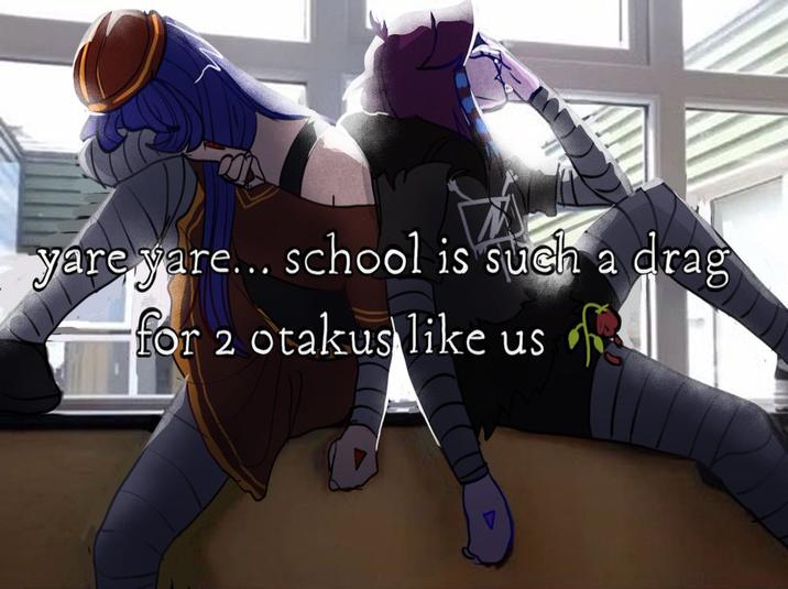 A redraw of the "yare yare school" meme. The meme is based on characters from Murder Drones.