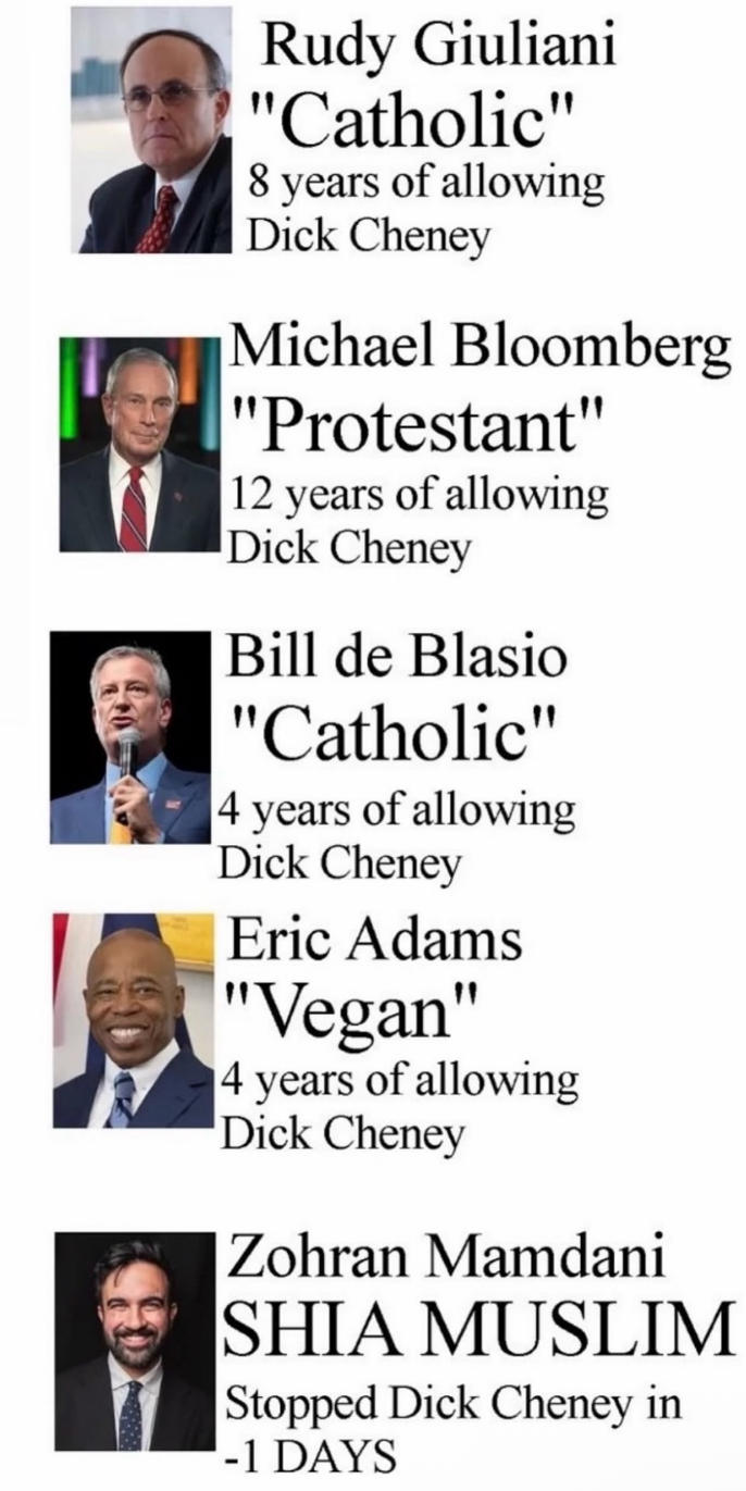 Rudy Giuliani "Catholic" 8 years of allowing D--- Cheney Michael Bloomberg "Protestant" 12 years of allowing D--- Cheney Bill de Blasio "Catholic" 4 years of allowing D--- Cheney Eric Adams "Vegan" 4 years of allowing D--- Cheney Zohran Mamdani SHIA MUSLIM Stopped D--- Cheney in -1 DAYS