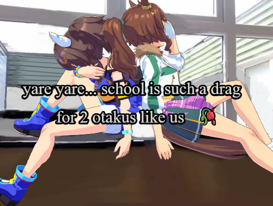A redraw of the "yare yare school" meme. The meme is based on characters from "Uma Musume.":https://knowyourmeme.com/memes/subcultures/uma-musume-pretty-derby-umamusume
